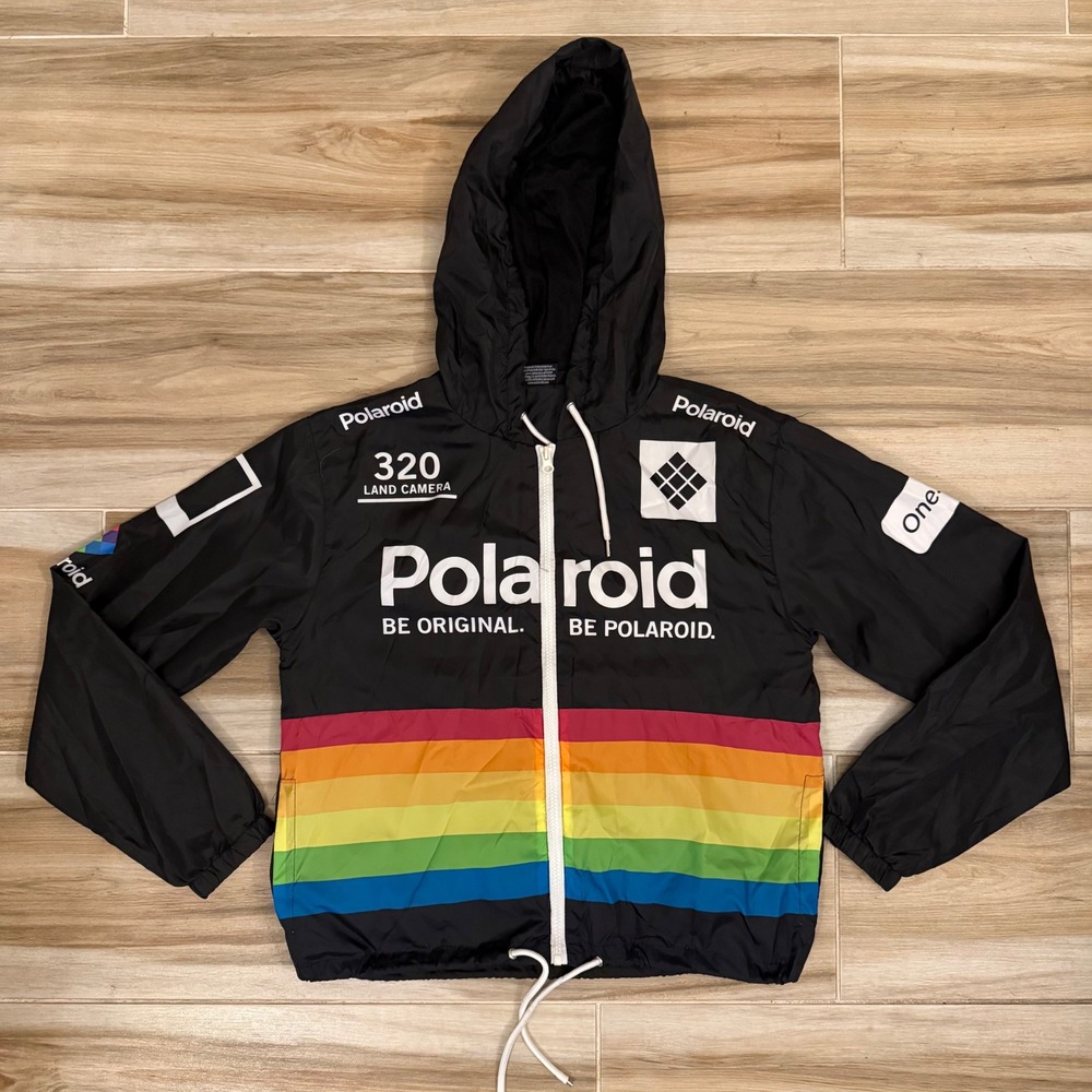 Polaroid Windbreaker Jacket Black Rainbow Stripe Hooded Full Zip Mens Medium